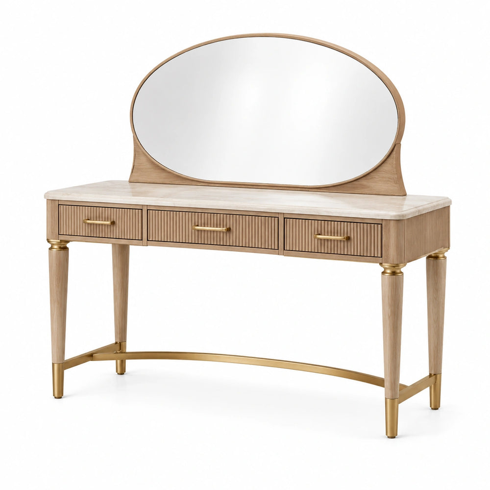 Coiffeuse 120 x 45 x 150 cm en bois beige avec miroir ovale et trois tiroirs style classique