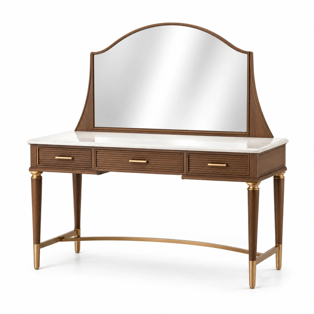 Coiffeuse 120 x 50 x 150 cm en bois marron avec miroir et plateau blanc style classique