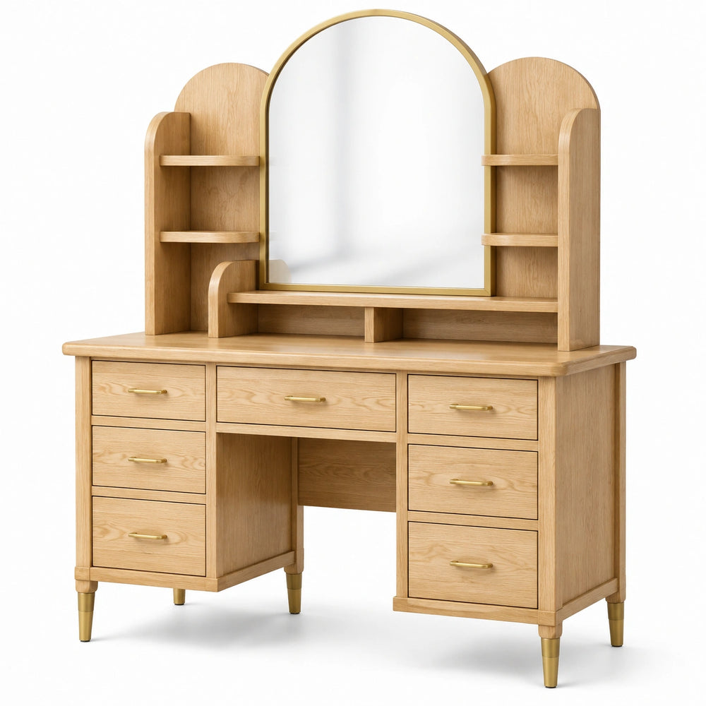 Coiffeuse 120 x 50 x 180 cm en bois chêne clair avec miroir et rangements style rétro