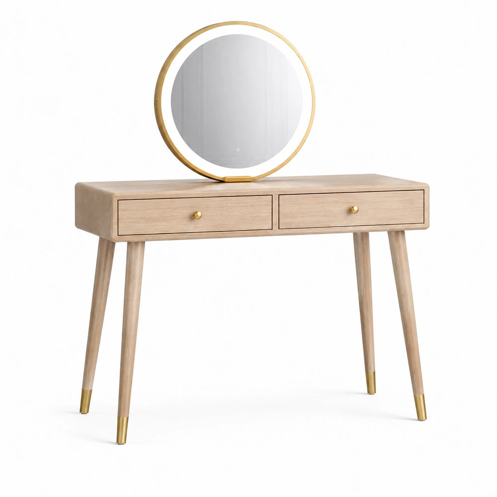 Coiffeuse 100 x 45 x 140 cm en bois beige avec miroir rond et 2 tiroirs style scandinave