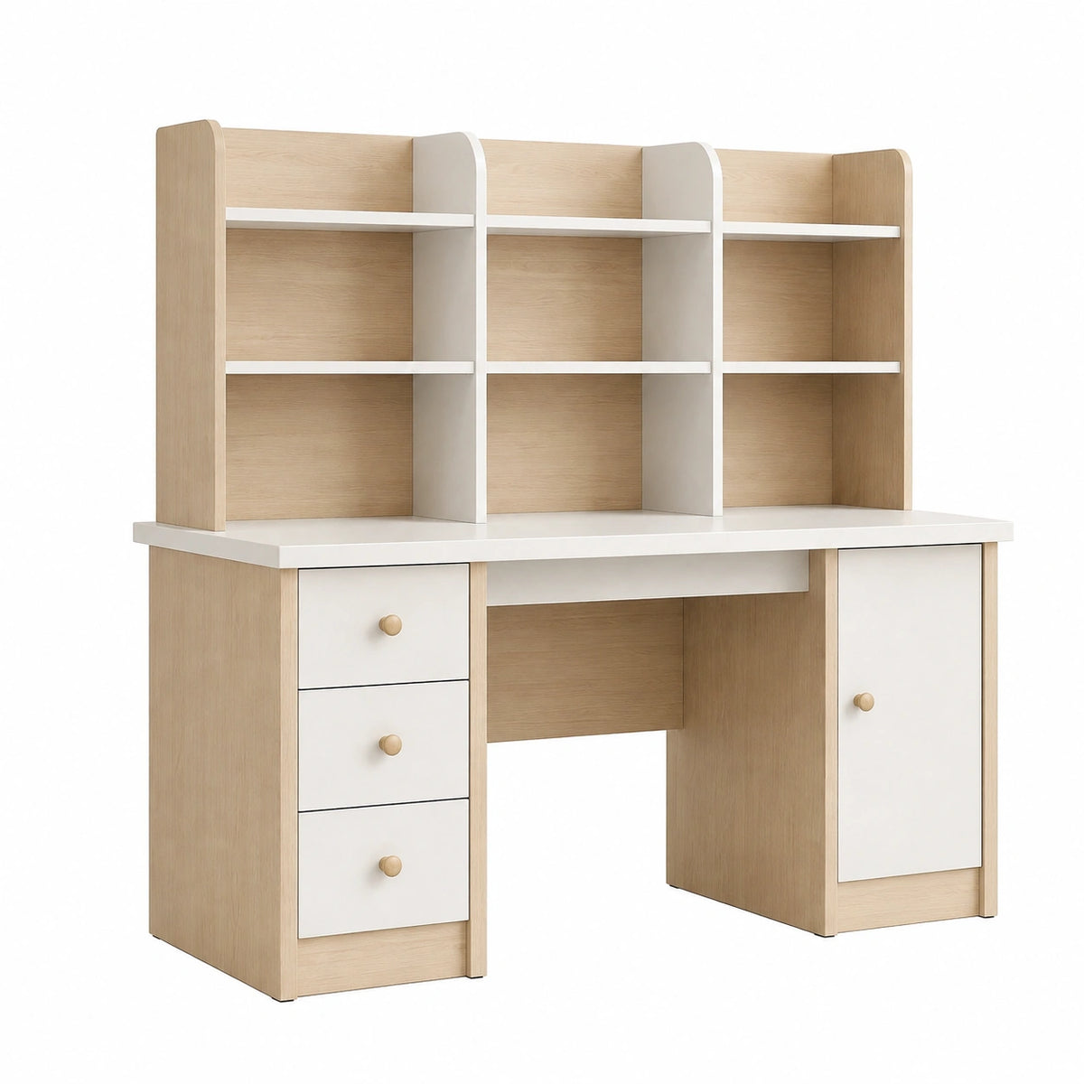 Bureau enfant 120 x 60 cm en panneaux de bois blanc et bois clair avec rangements