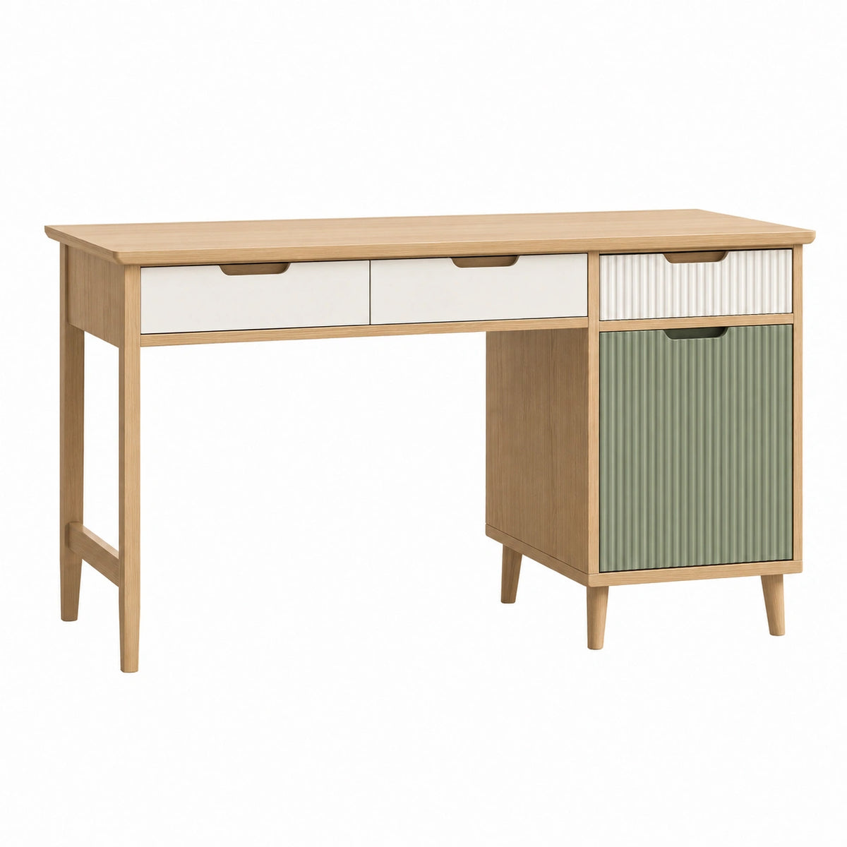 Bureau 120 x 60 cm en bois naturel blanc et vert sauge avec tiroirs et rangement