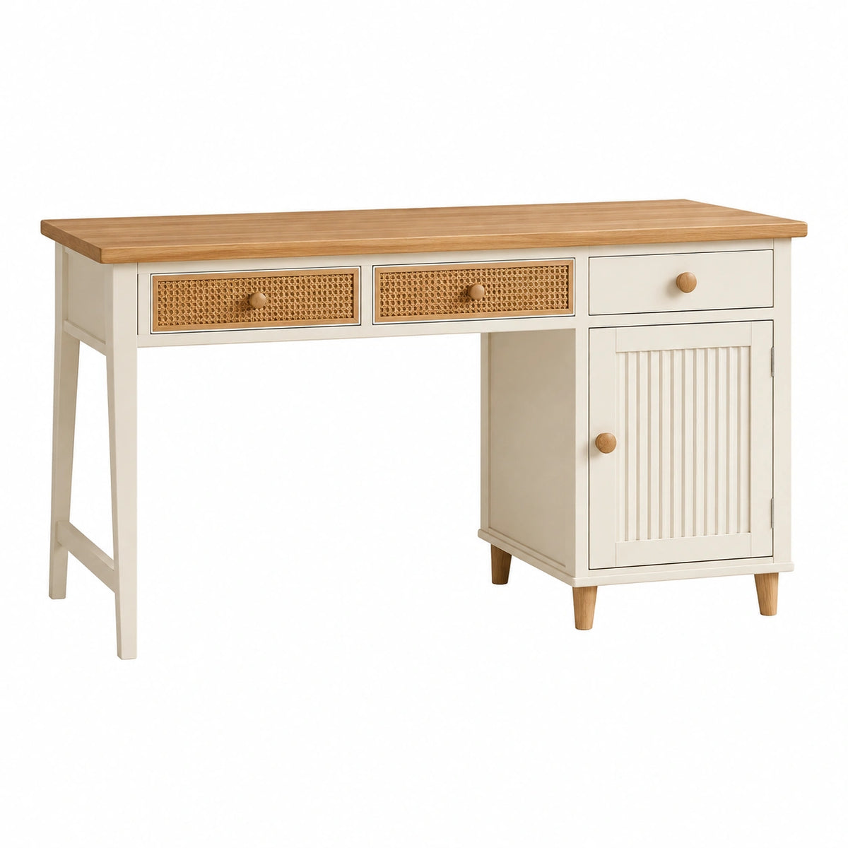 Bureau 120 x 60 x 75 cm en bois blanc et naturel avec rangement style bohème