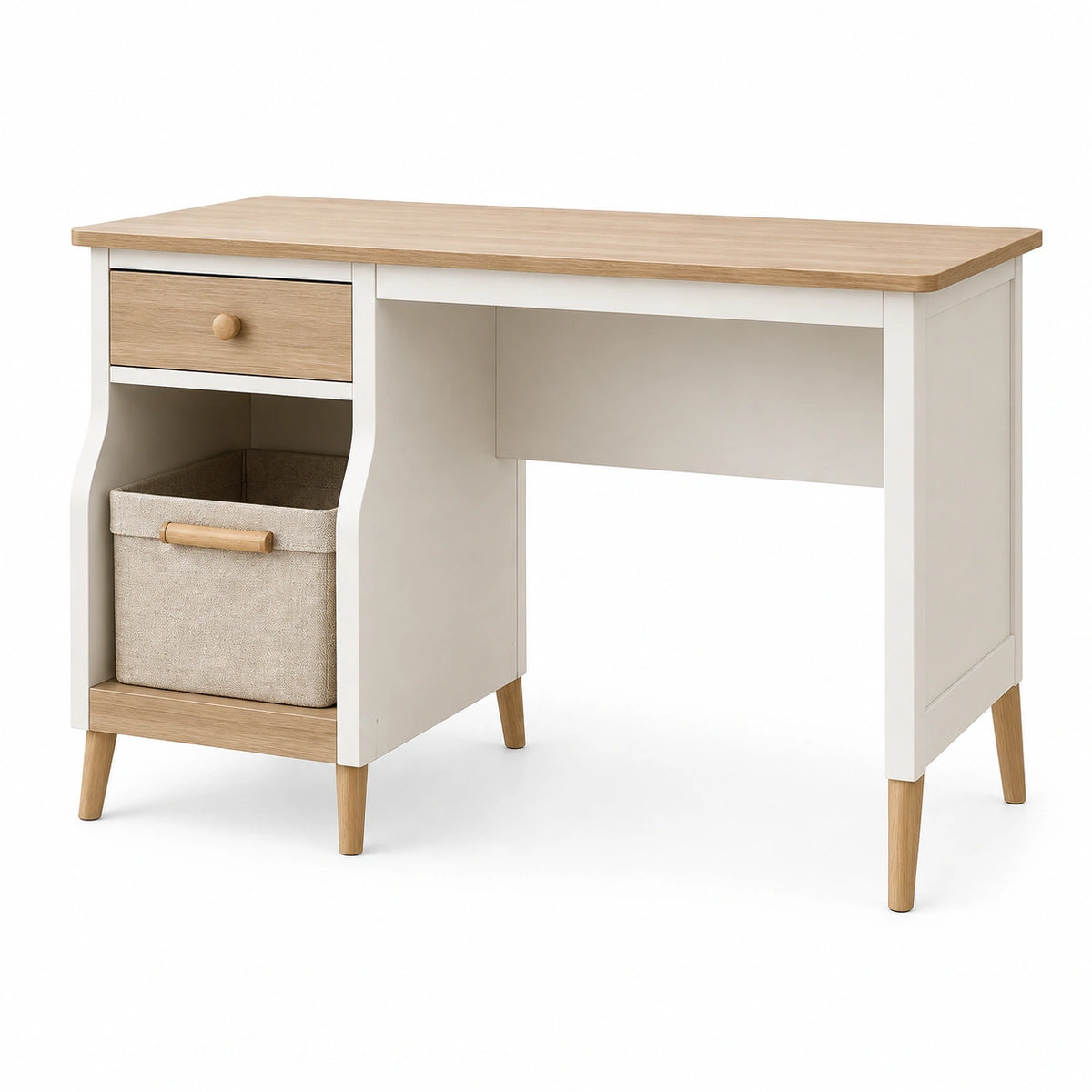Bureau 120 x 60 x 75 cm en bois blanc et chêne avec rangement style scandinave