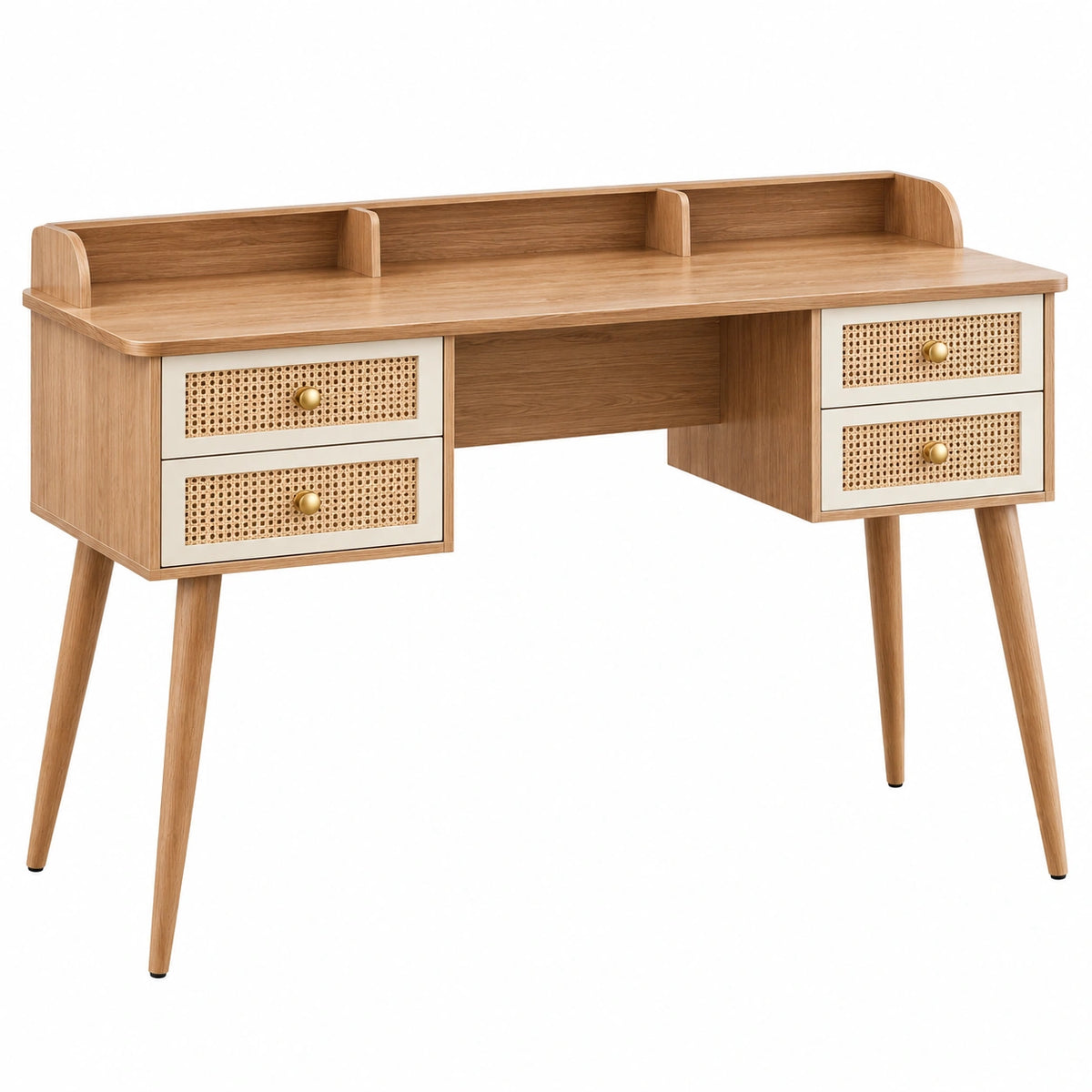 Bureau 120 x 60 x 90 cm en panneaux de bois naturel et blanc avec 4 tiroirs style rétro