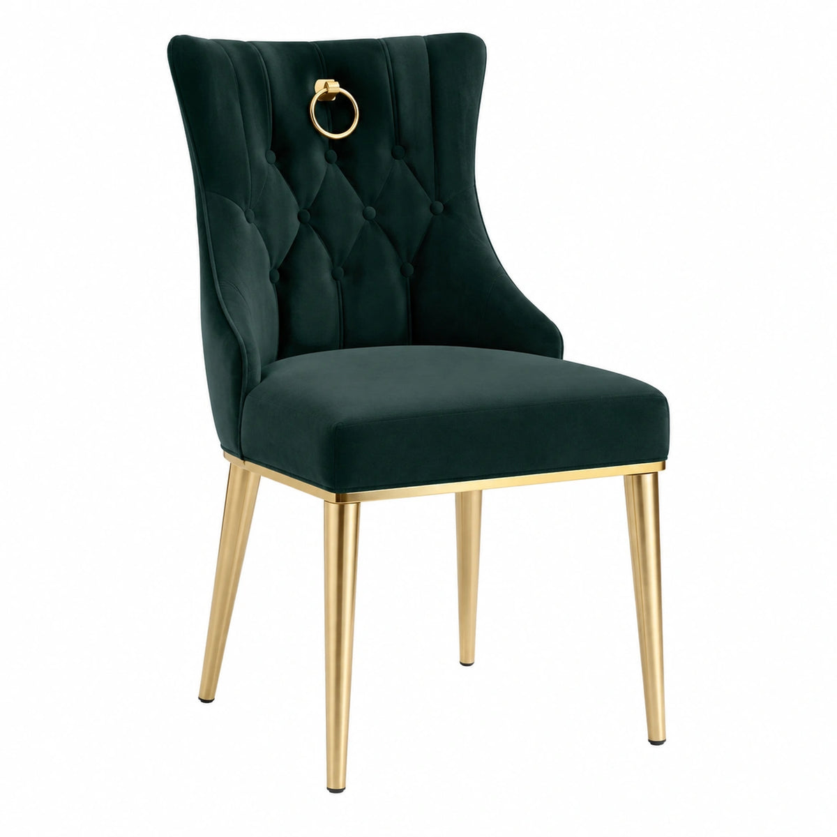 Chaise de salle à manger 52 x 62 x 96 cm en velours vert foncé avec pieds métalliques dorés style capitonné