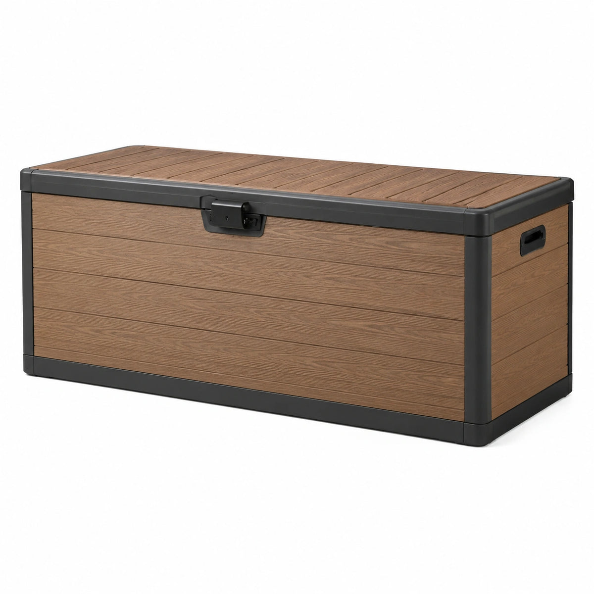 Coffre de rangement 120 x 60 x 65 cm en plastique effet bois marron anthracite pour extérieur avec couvercle