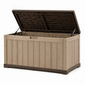 Coffre de rangement extérieur 120 x 60 x 63 cm en plastique beige et marron avec couvercle à vérins