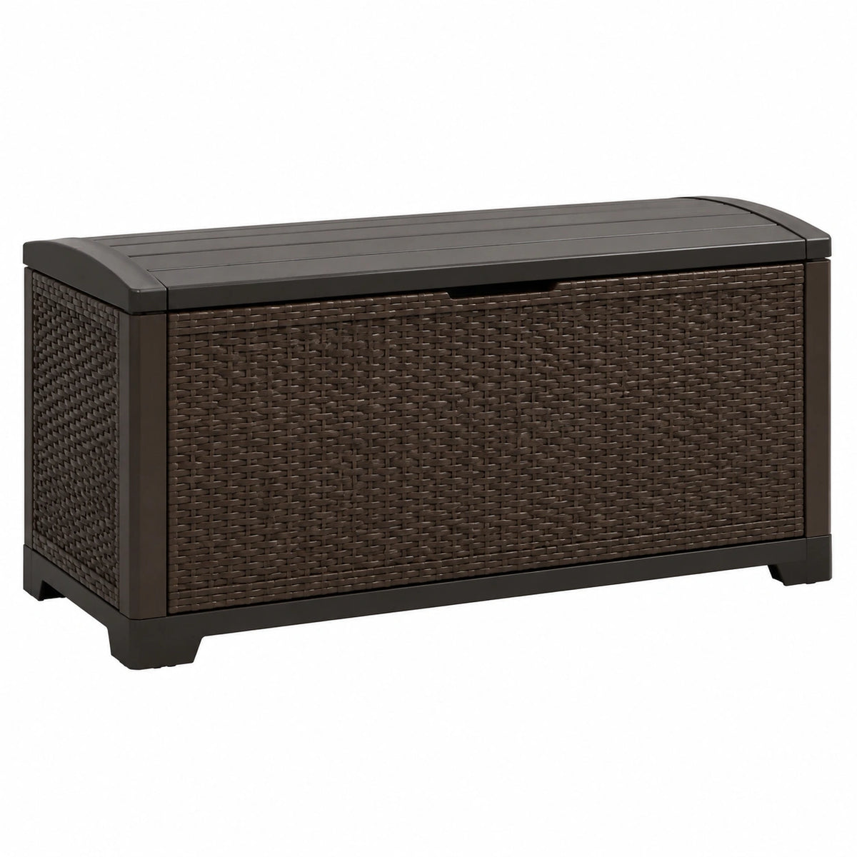 Coffre de rangement extérieur 120 x 56 x 63 cm en résine tressée marron avec couvercle style contemporain