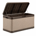Coffre de rangement extérieur 120 x 55 x 60 cm en plastique beige et marron avec couvercle articulé