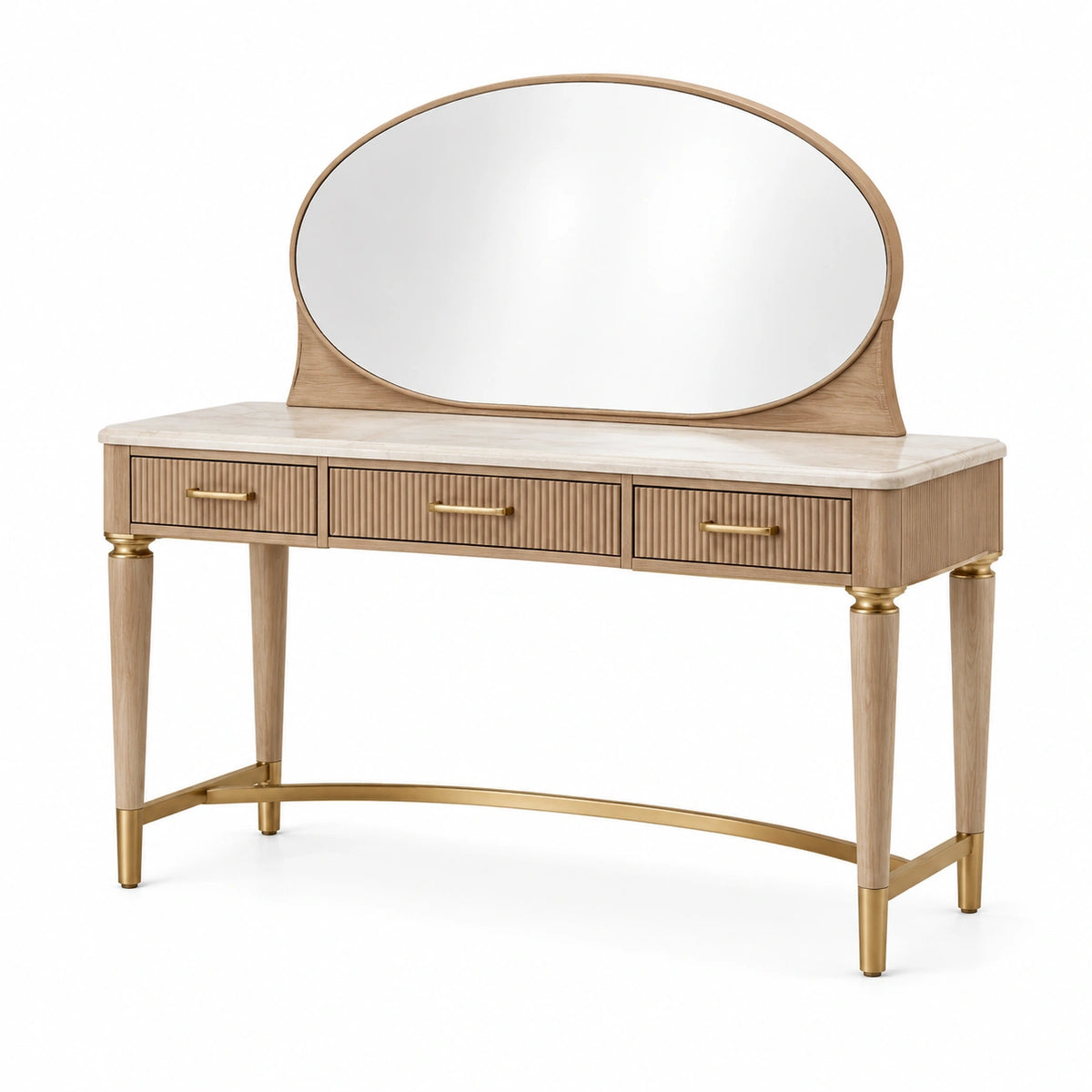 Coiffeuse 120 x 45 x 150 cm en bois beige avec miroir ovale et trois tiroirs style classique