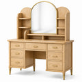 Coiffeuse 120 x 50 x 180 cm en bois chêne clair avec miroir et rangements style rétro