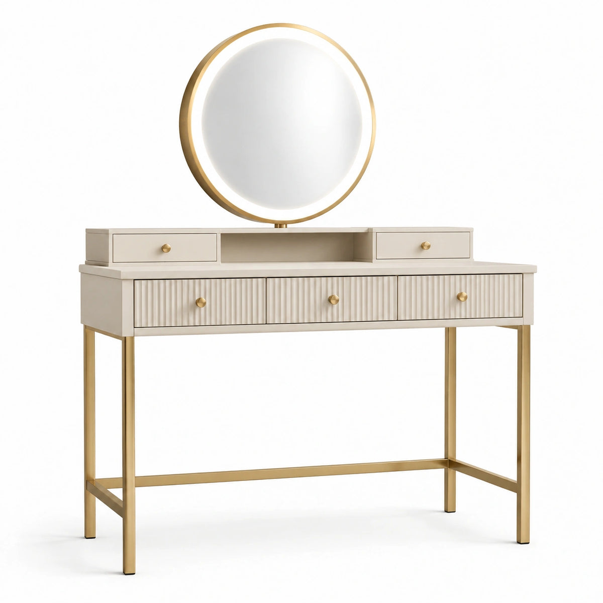 Coiffeuse 120 x 45 x 140 cm en panneaux de bois beige et métal doré avec miroir lumineux et tiroirs
