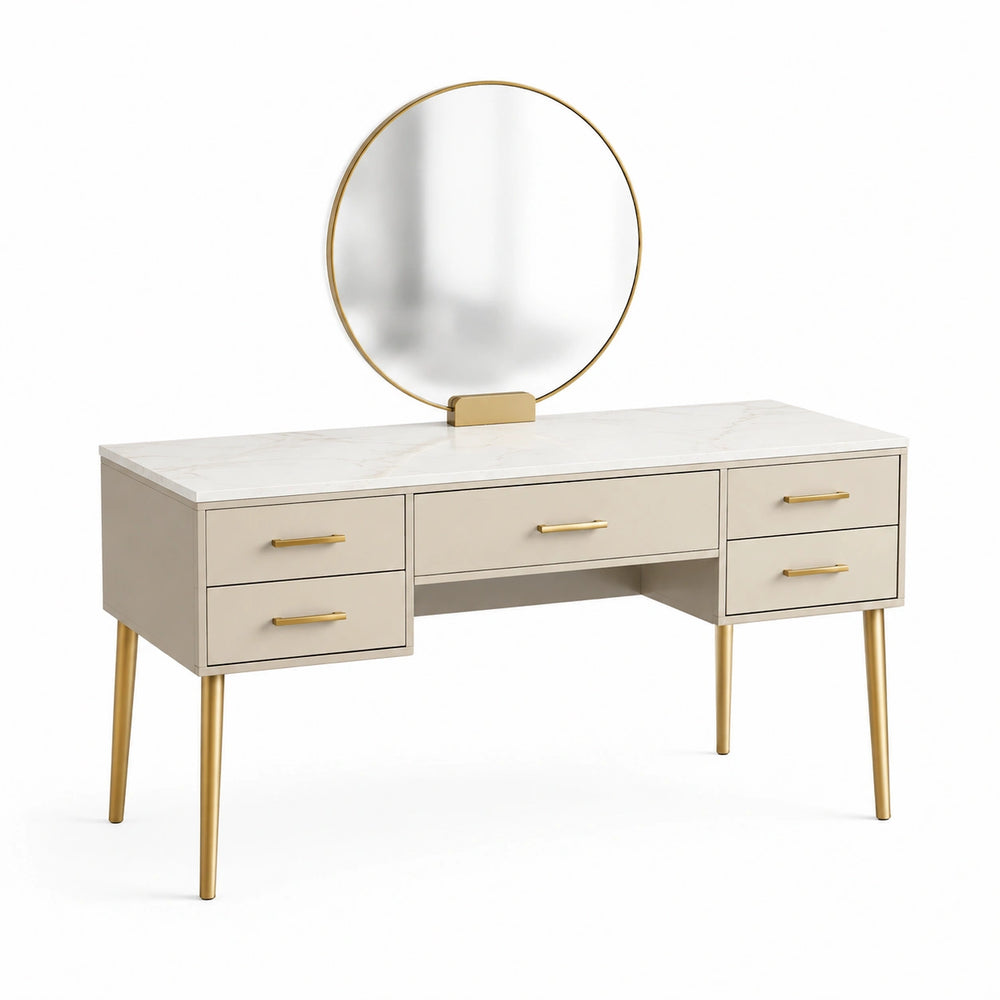 Coiffeuse 120 cm beige effet marbre avec miroir rond et cinq tiroirs style moderne