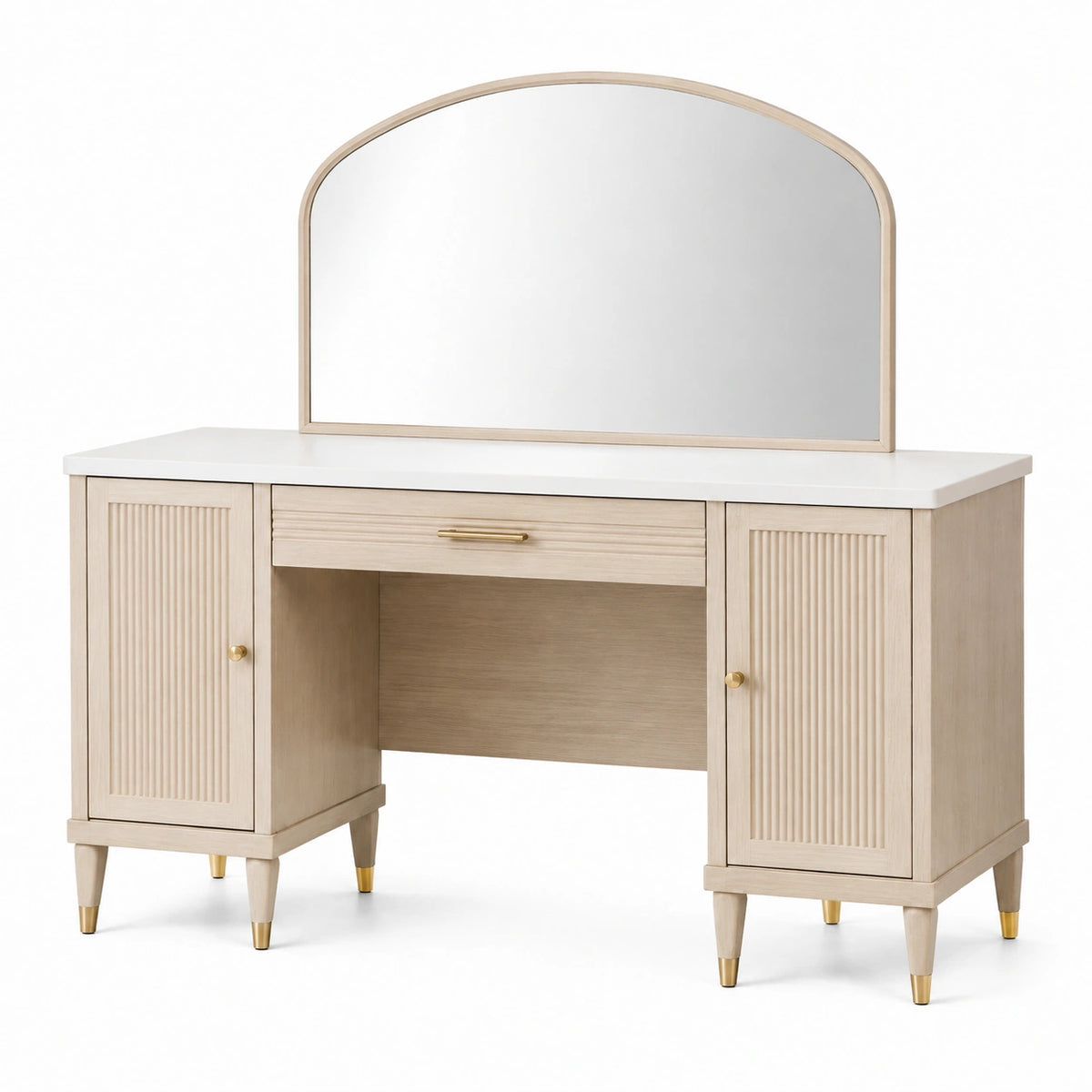 Coiffeuse 120 x 45 x 150 cm en panneaux beige avec miroir et rangement style contemporain