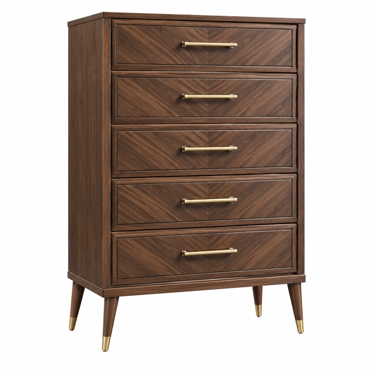 Commode 80 cm en bois brun noyer à 5 tiroirs style rétro
