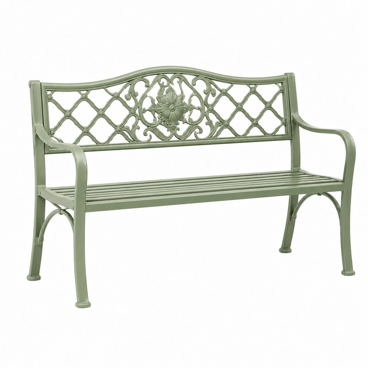 Banc de jardin 122 x 61 x 87 cm en métal vert style romantique à dossier ajouré