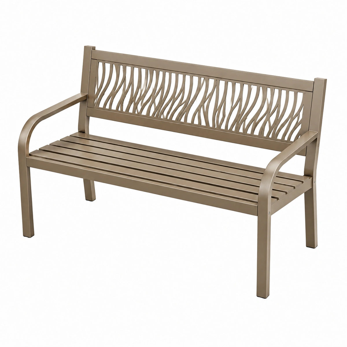 Banc de jardin 122 cm en acier taupe à dossier ajouré contemporain